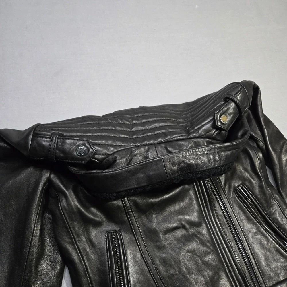 Michael Kors Real Leather Moto Jacket Small Black Asymmetrical‎ Knit Collar Punk